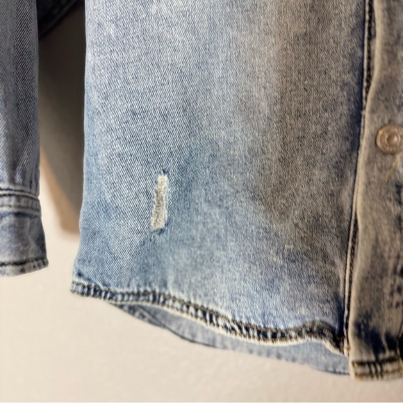 Zara Blue Denim Jacket Shirt Button Up with Removable Gray Hood Boy Kids Size 7 - Picture 6 of 11